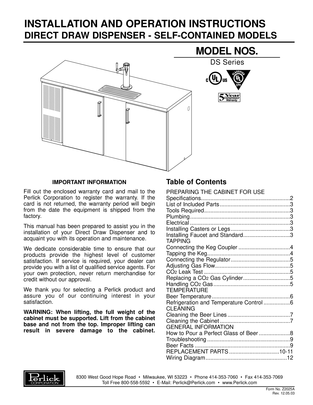 Perlick DS Series specifications Installation And Operation Instructions, Model Nos, Table of Contents 