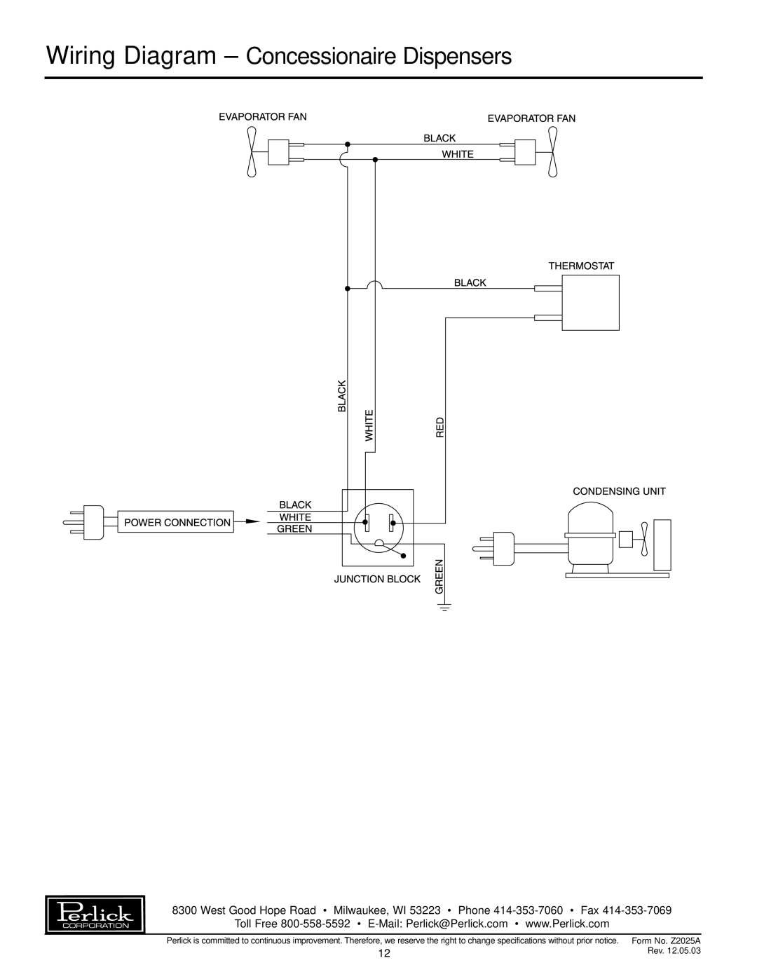 Perlick DS Series specifications Wiring Diagram - Concessionaire Dispensers, Form No. Z2025A 