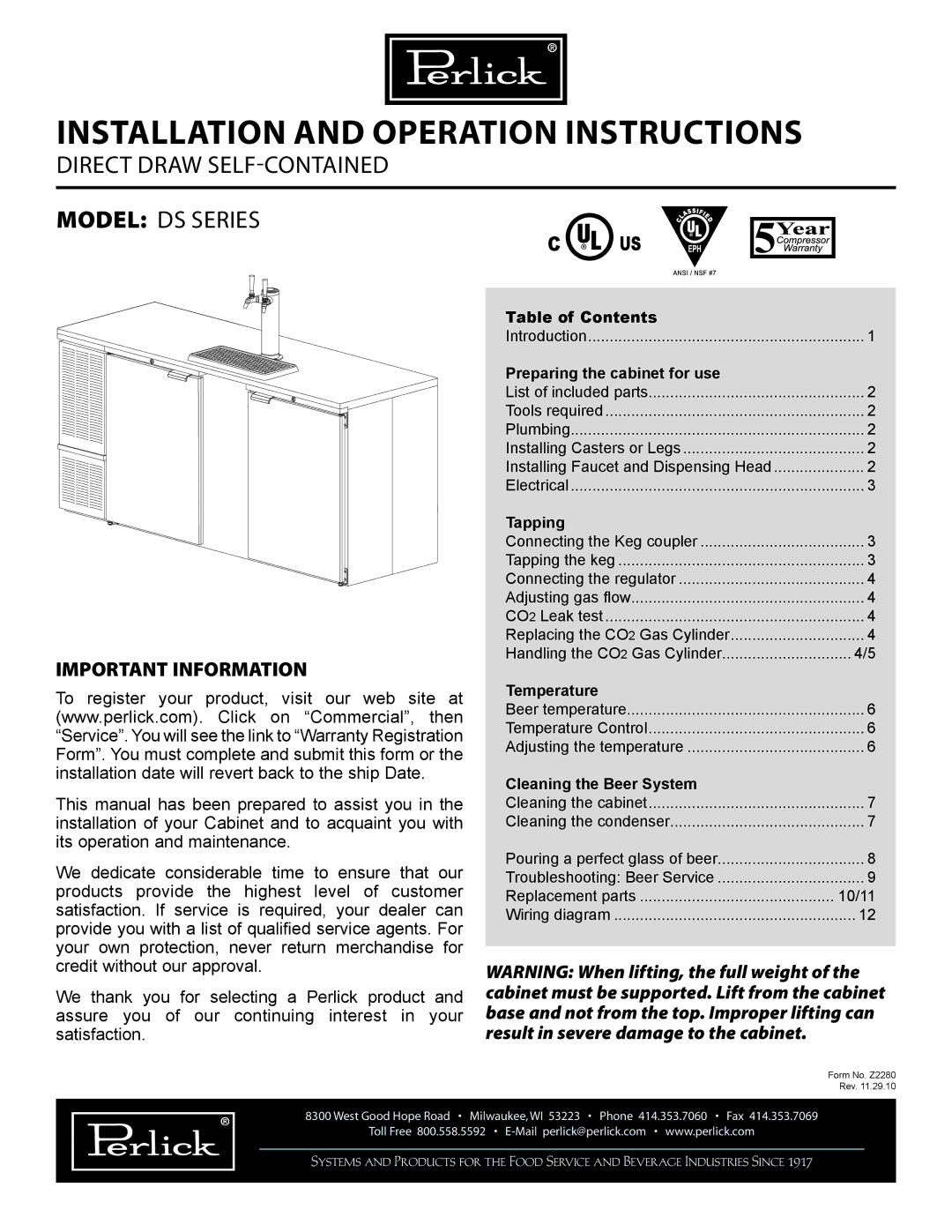 Perlick DS manual Installation and operation instructions 