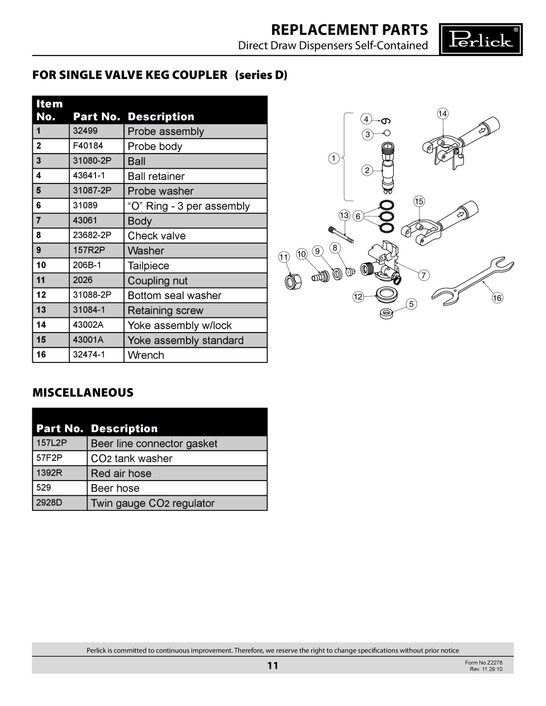 Perlick DS manual For single valve keg coupler series D, Miscellaneous 