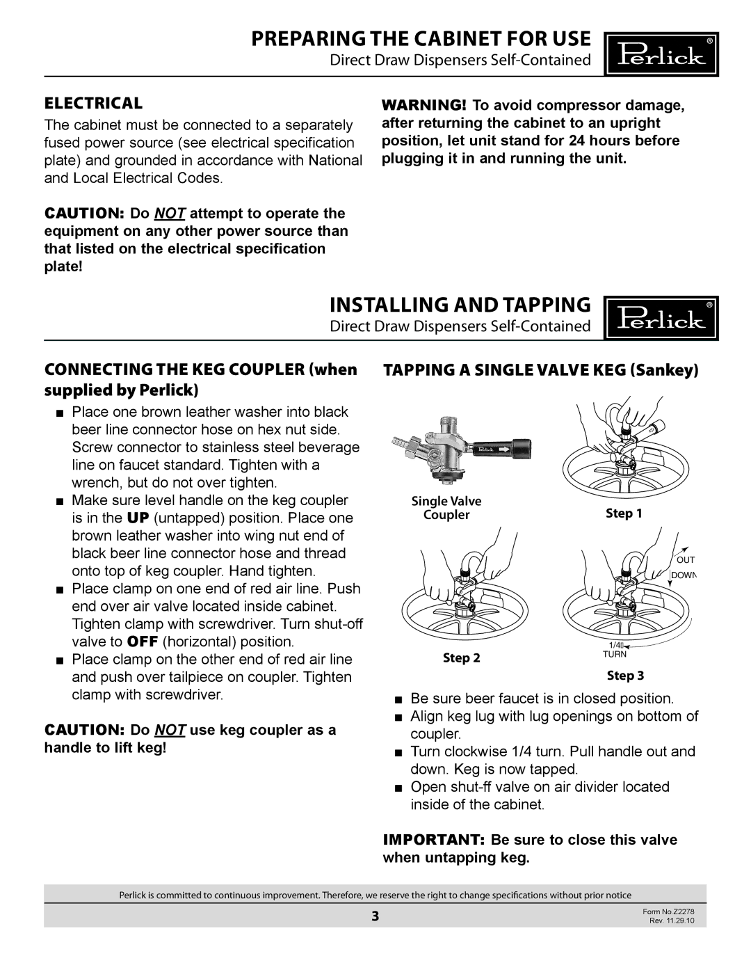 Perlick DS manual Installing and tapping, Electrical, Connecting the keg coupler when supplied by Perlick 