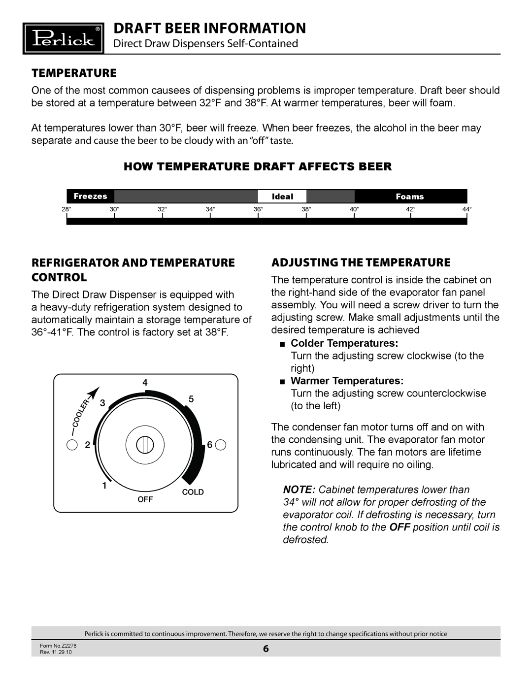 Perlick DS manual Draft beer information, Temperature, Refrigerator and temperature control, Adjusting the temperature 