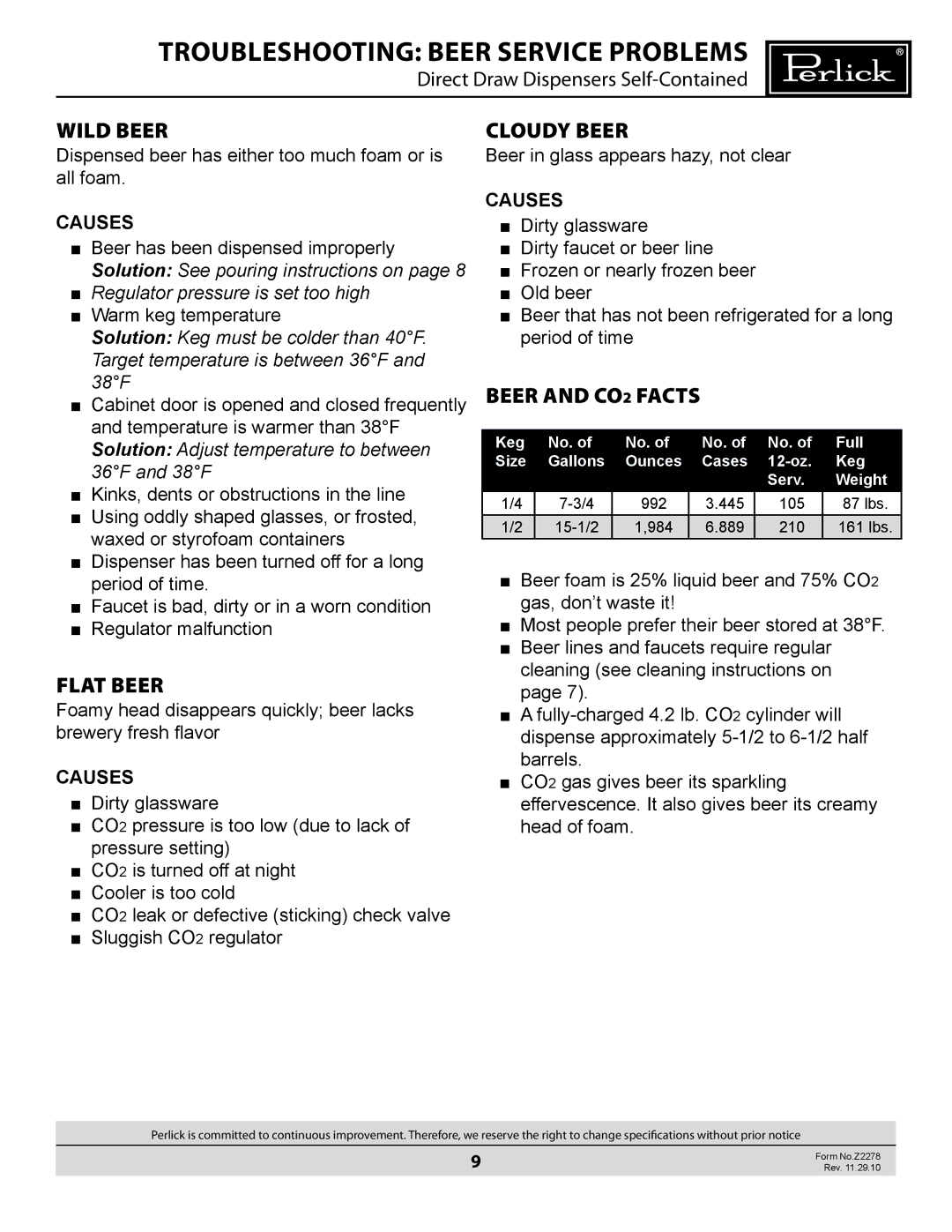 Perlick DS manual Troubleshooting beer service problems, Wild beer, Flat beer, Cloudy beer, Beer and co2 facts 