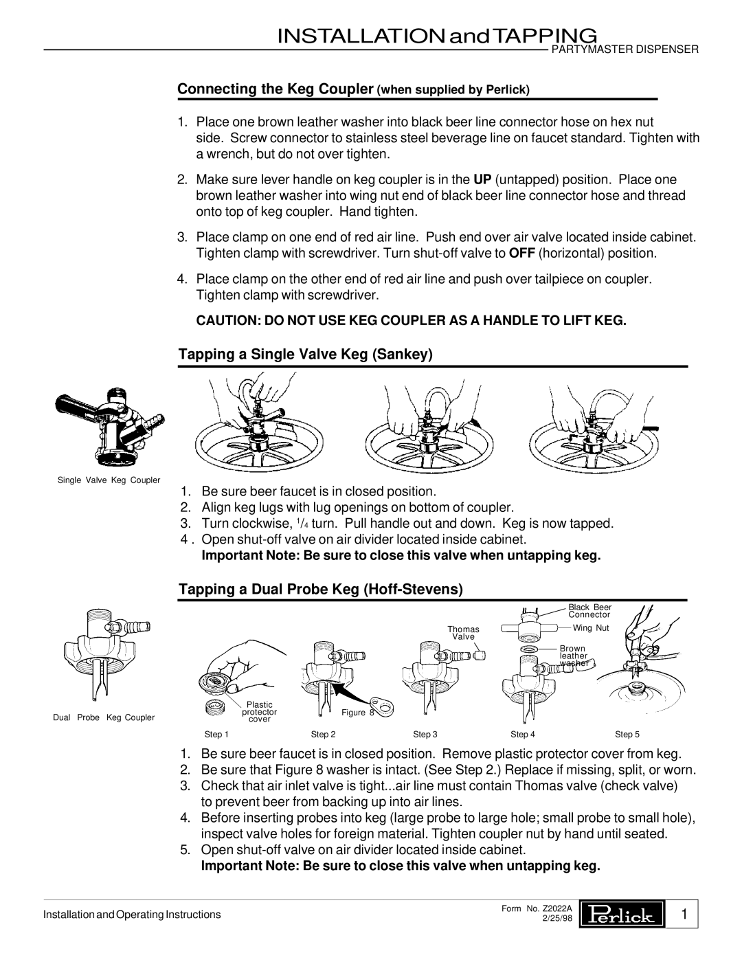 Perlick DP1KP, DS1KP manual Connecting the Keg Coupler when supplied by Perlick, Tapping a Single Valve Keg Sankey 