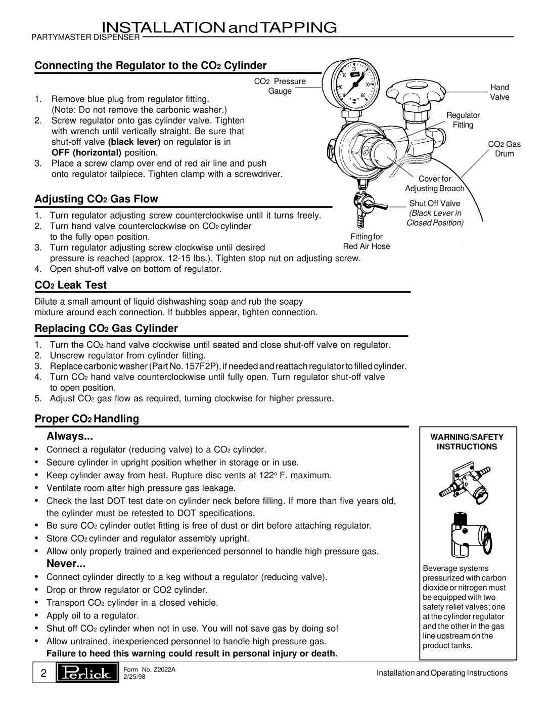 Perlick DS1KP, DP1KP manual Connecting the Regulator to the CO2 Cylinder, Adjusting CO2 Gas Flow, CO2 Leak Test, Never 