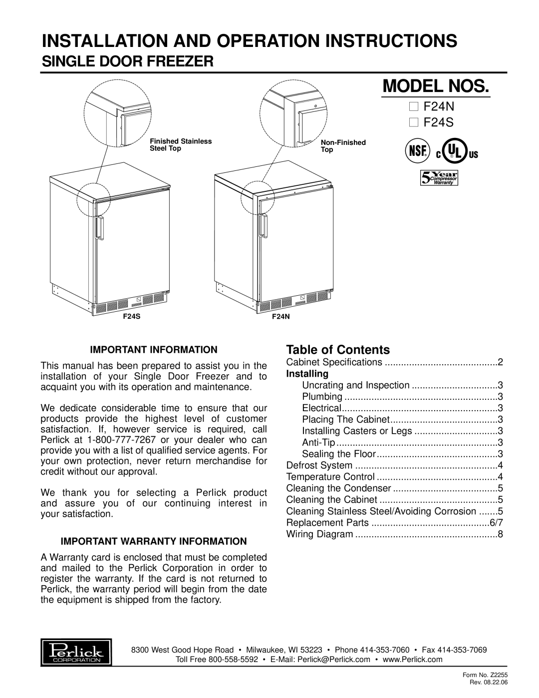 Perlick F24S, F24N specifications Installation and Operation Instructions 