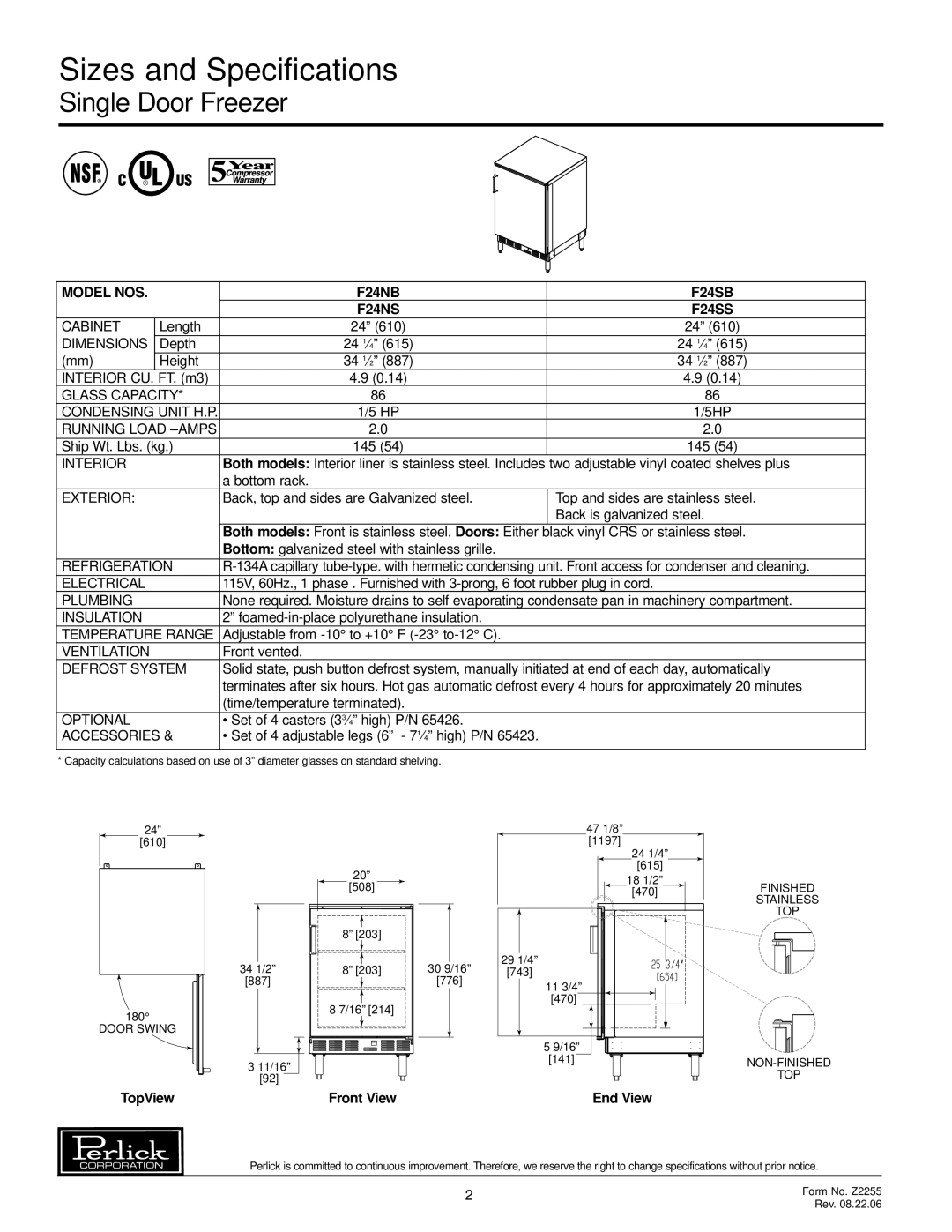 Perlick specifications Sizes and Specifications, Single Door Freezer, Model NOS F24NB F24SB F24NS F24SS 