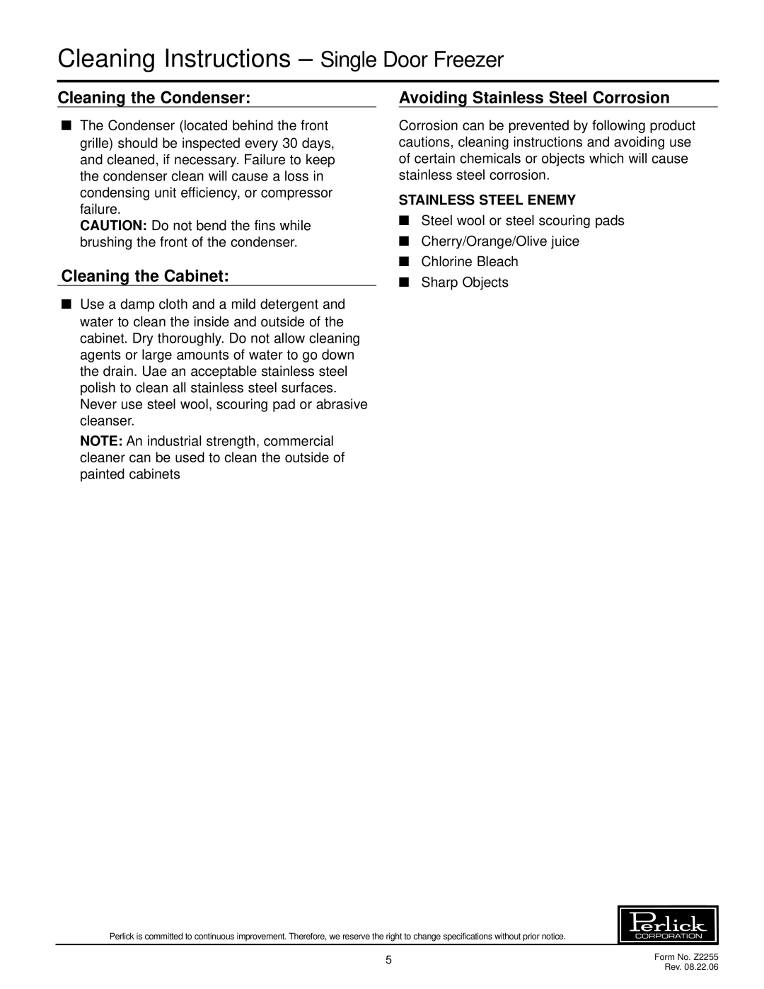 Perlick F24S, F24N specifications Cleaning Instructions Single Door Freezer, Cleaning the Condenser, Cleaning the Cabinet 