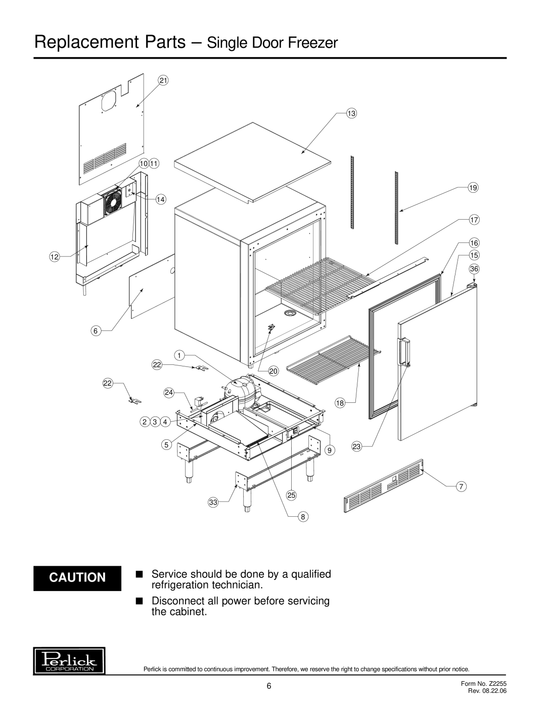 Perlick F24N, F24S specifications Replacement Parts Single Door Freezer, Cabinet 