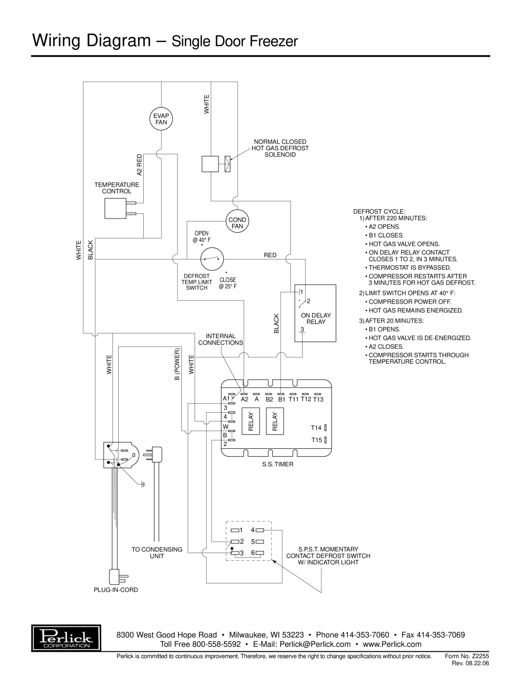 Perlick F24N, F24S specifications Wiring Diagram - Single Door Freezer, White 