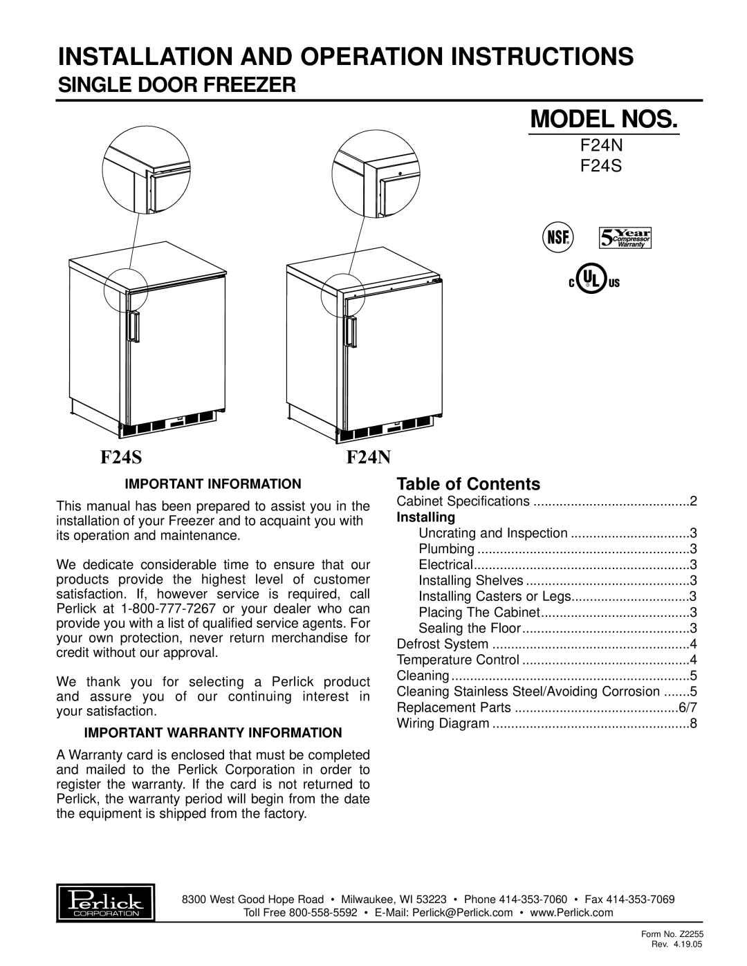 Perlick F24S F24N specifications Installation and Operation Instructions 