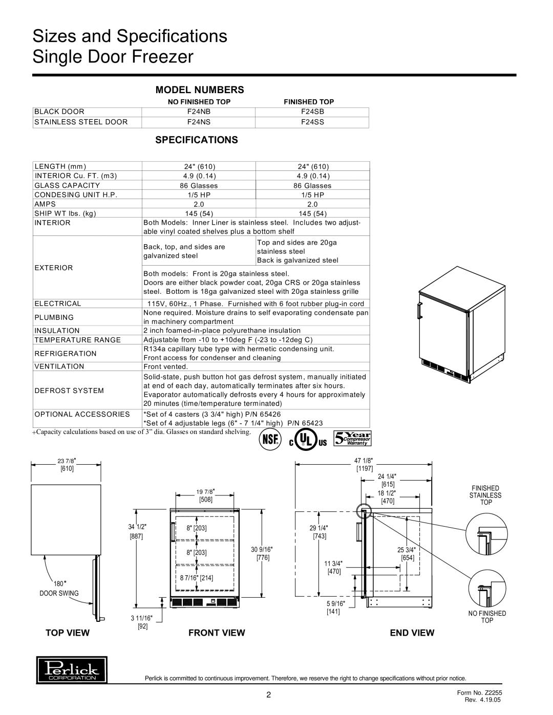 Perlick F24S F24N specifications Sizes and Specifications Single Door Freezer 