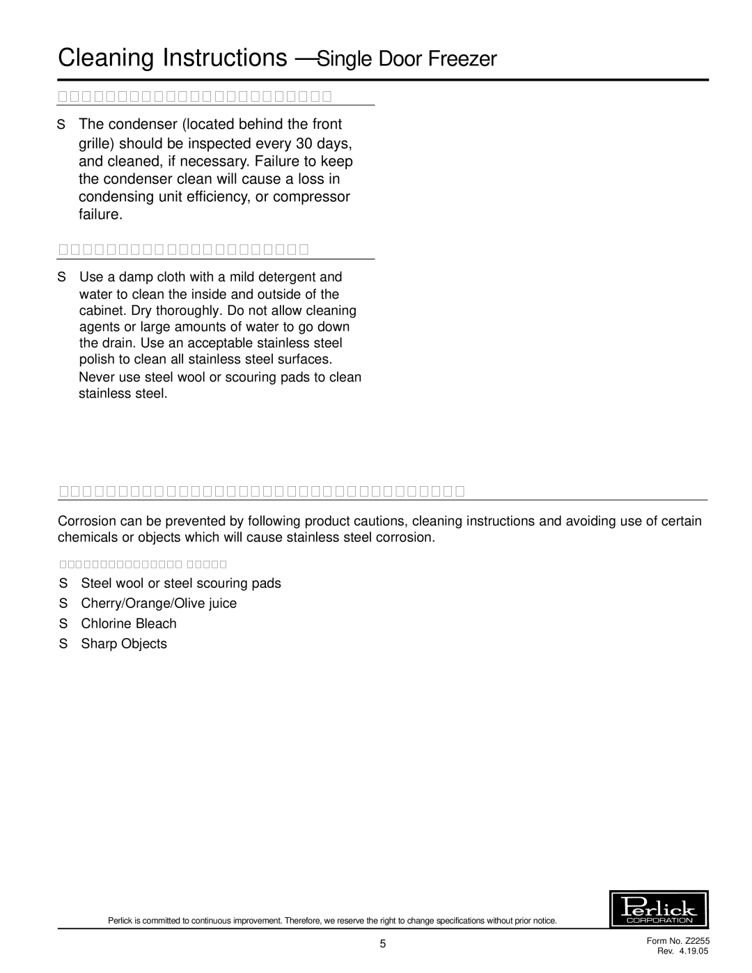 Perlick F24S F24N specifications Cleaning Instructions Single Door Freezer, Cleaning the Condenser, Cleaning the Cabinet 