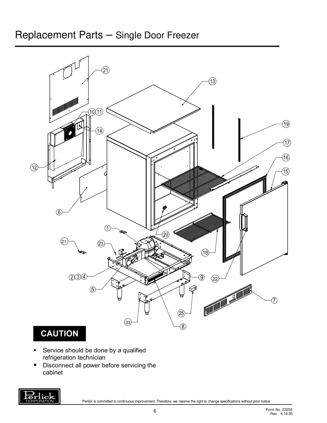 Perlick F24S F24N specifications Replacement Parts Single Door Freezer 