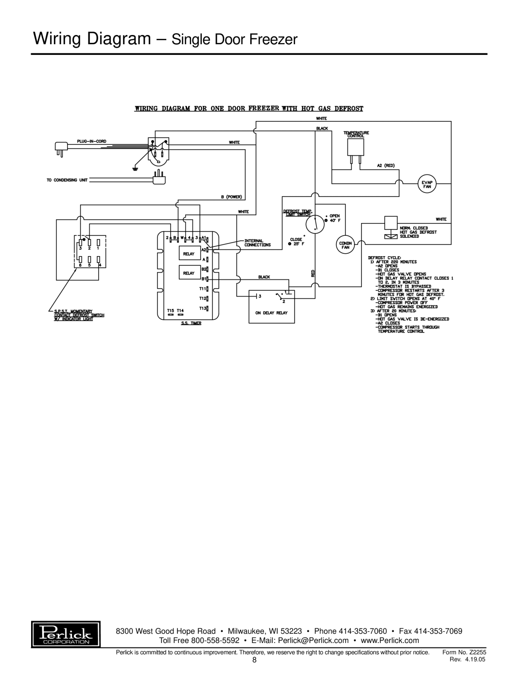 Perlick F24S F24N specifications Wiring Diagram Single Door Freezer 