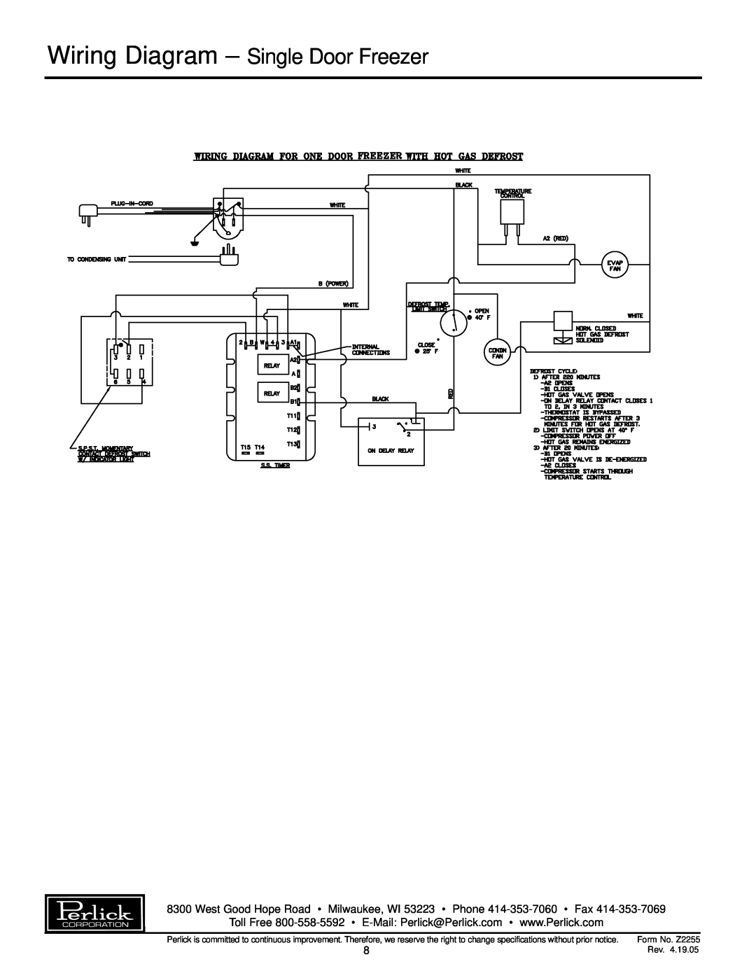 Perlick F24S F24N specifications Wiring Diagram - Single Door Freezer, Form No. Z2255 