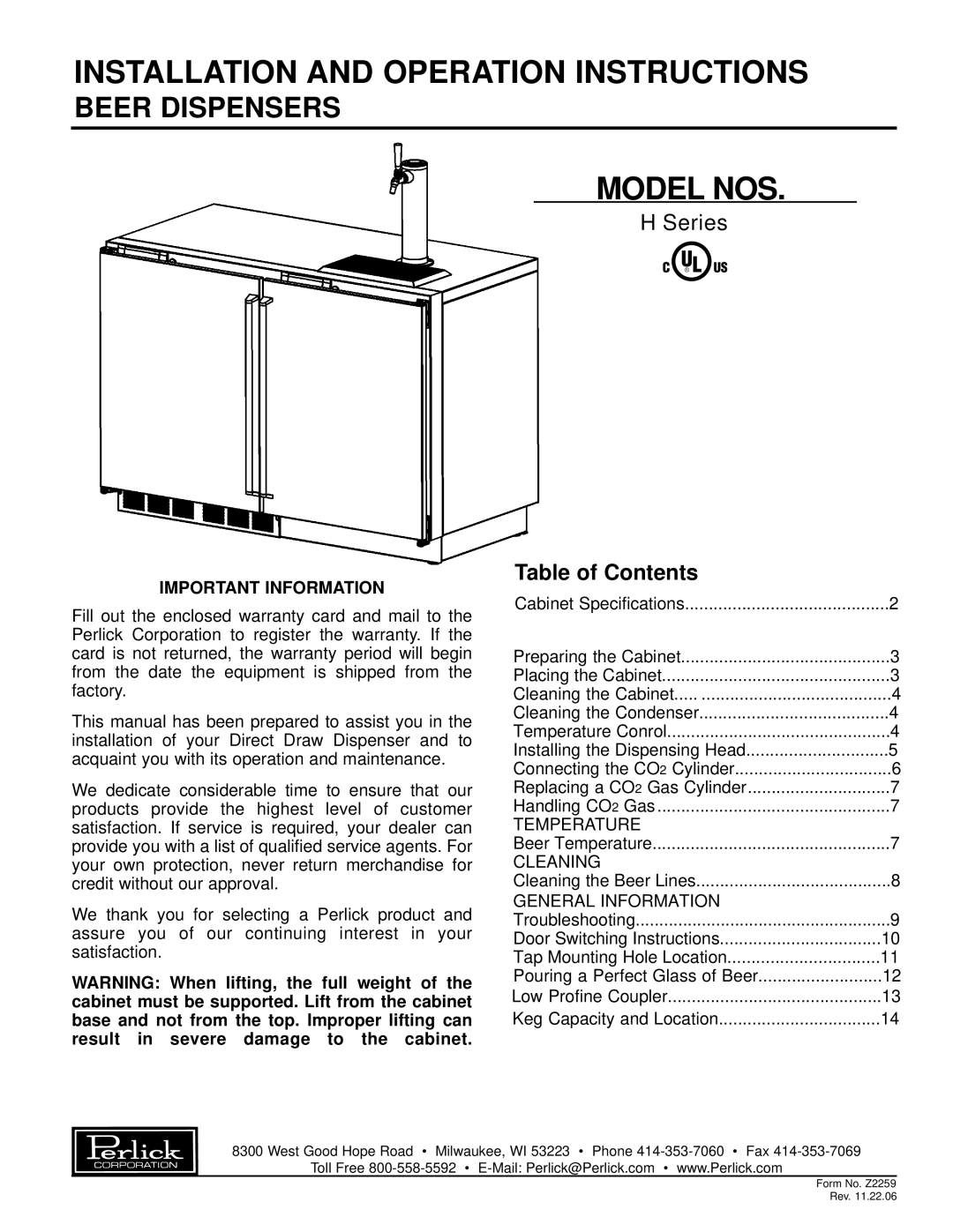 Perlick H Series warranty Installation and Operation Instructions 