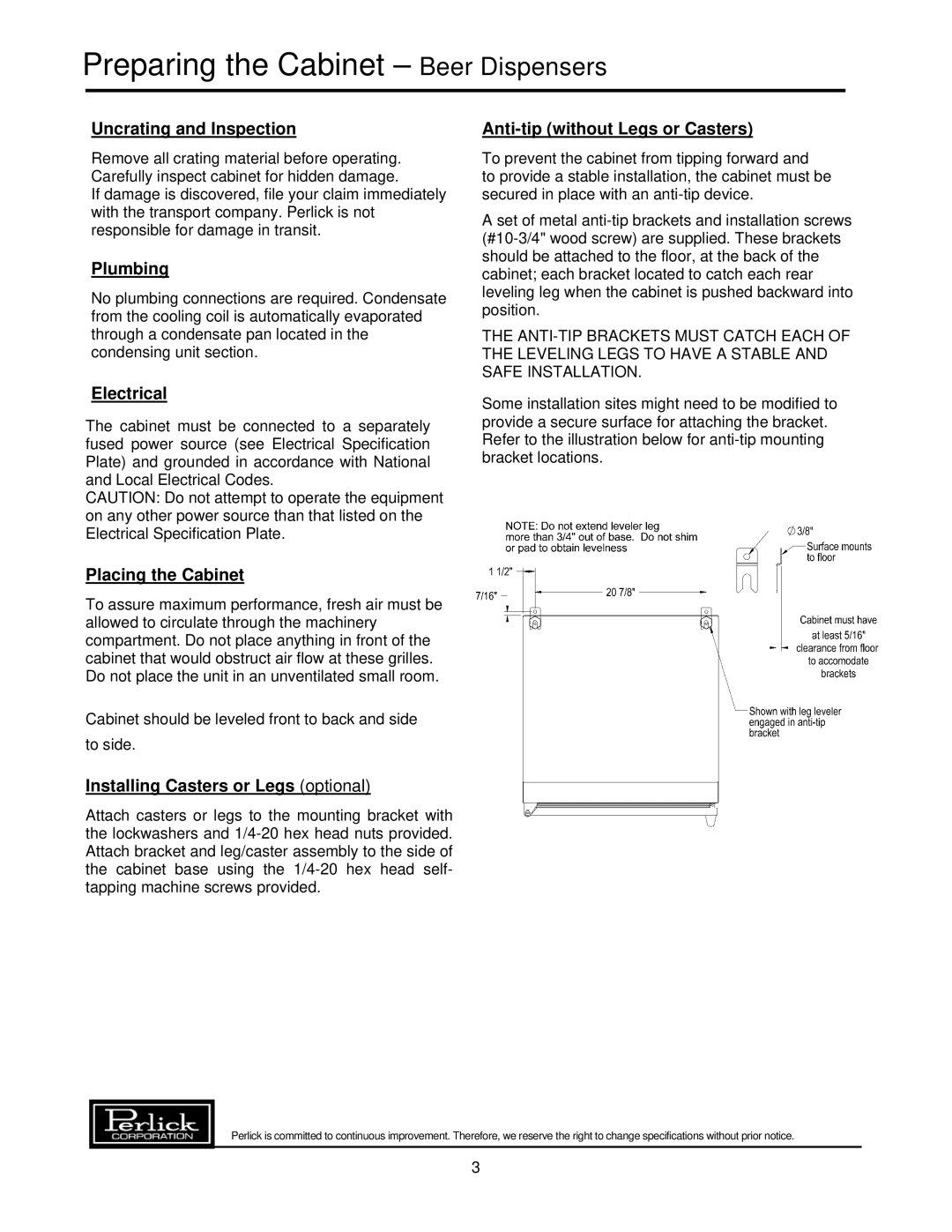 Perlick H Series warranty Preparing the Cabinet Beer Dispensers, Uncrating and Inspection 