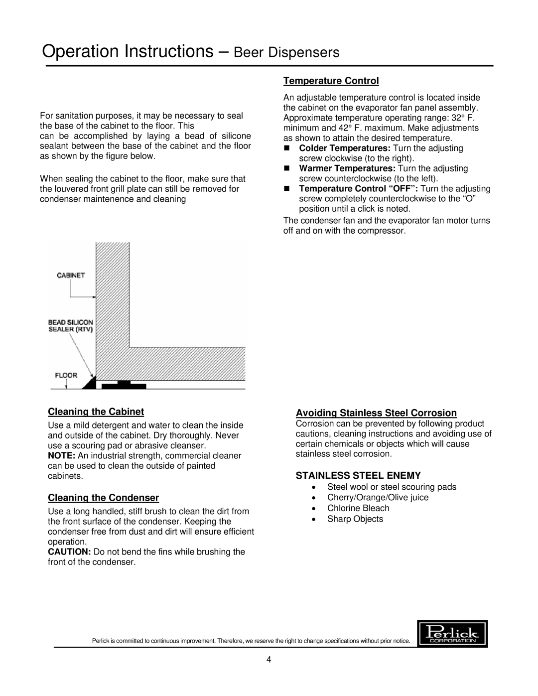 Perlick H Series warranty Operation Instructions Beer Dispensers, Cleaning the Cabinet 