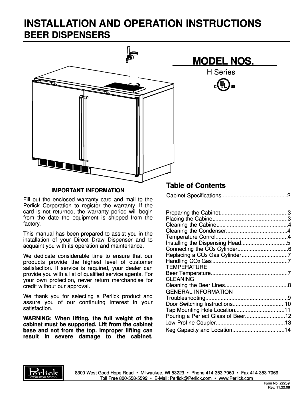 Perlick H Series warranty Installation And Operation Instructions, Model Nos, Beer Dispensers, Table of Contents 