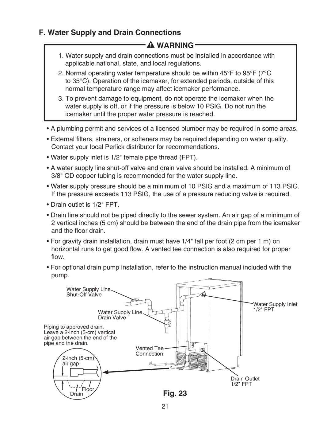 Perlick H50IMS-L, H50IMS-ADR, H50IMS-ADL, H50IMW-AD, H50IMS-R manual Water Supply and Drain Connections 