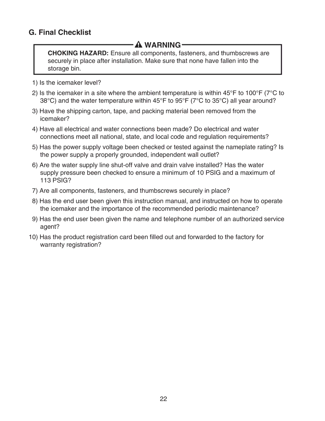 Perlick H50IMW-AD, H50IMS-ADR, H50IMS-ADL, H50IMS-L, H50IMS-R manual Final Checklist 