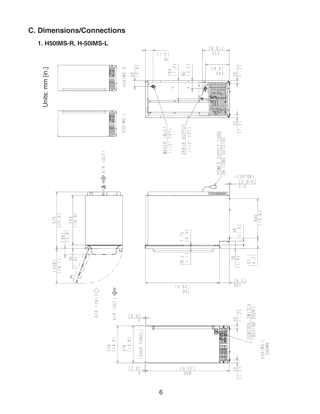 Perlick H50IMS-ADR, H50IMS-ADL, H50IMS-L, H50IMW-AD manual Dimensions/Connections, H50IMS-R, H-50IMS-L 