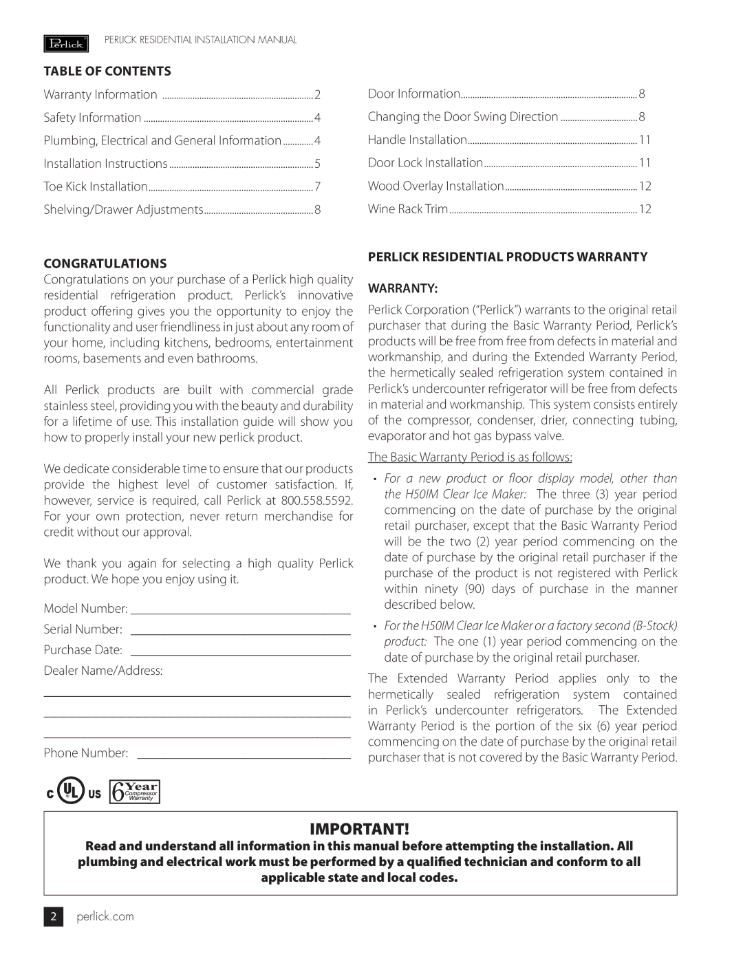 Perlick HP24, HH24, HC24, HP48, HP15, HA24 Table of Contents, Congratulations, Perlick Residential Products Warranty 