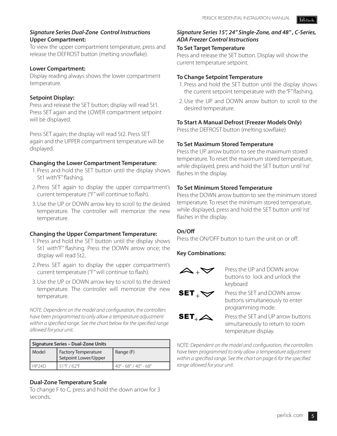 Perlick HA24, HH24, HC24, HP24, HP48, HP15 manual Signature Series Dual-Zone Control Instructions 