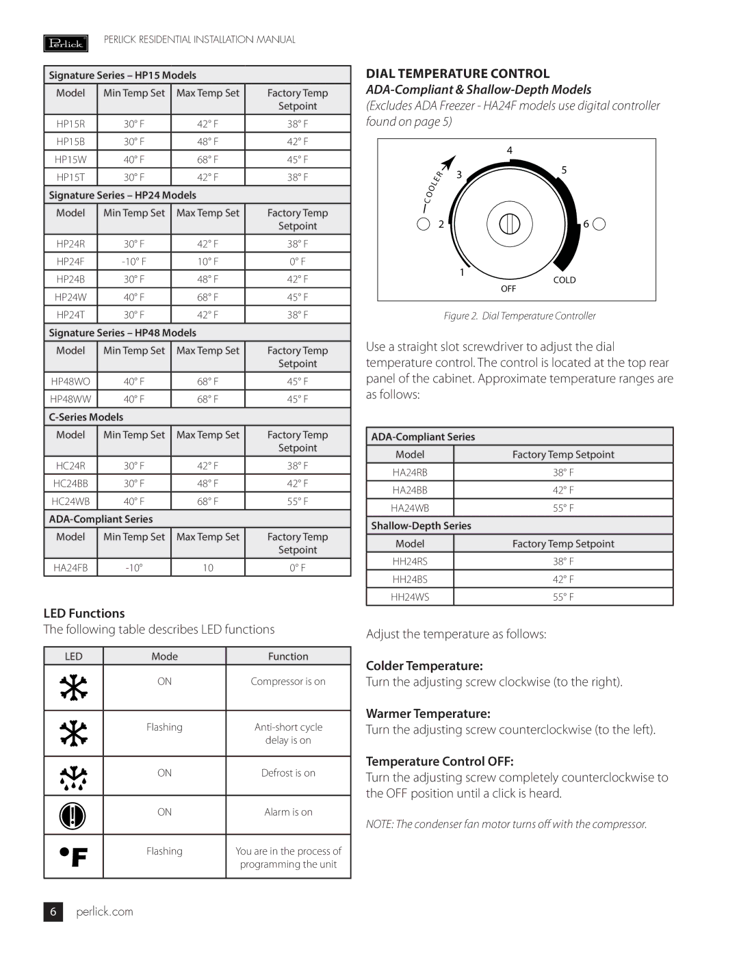 Perlick HH24, HC24, HP24, HP48, HP15, HA24 manual Dial Temperature Control, ADA-Compliant & Shallow-Depth Models 