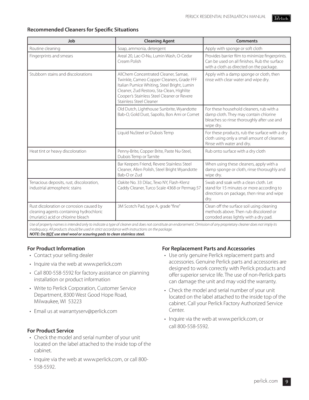 Perlick HP48, HH24, HC24, HP24 Recommended Cleaners for Specific Situations, For Product Information, For Product Service 