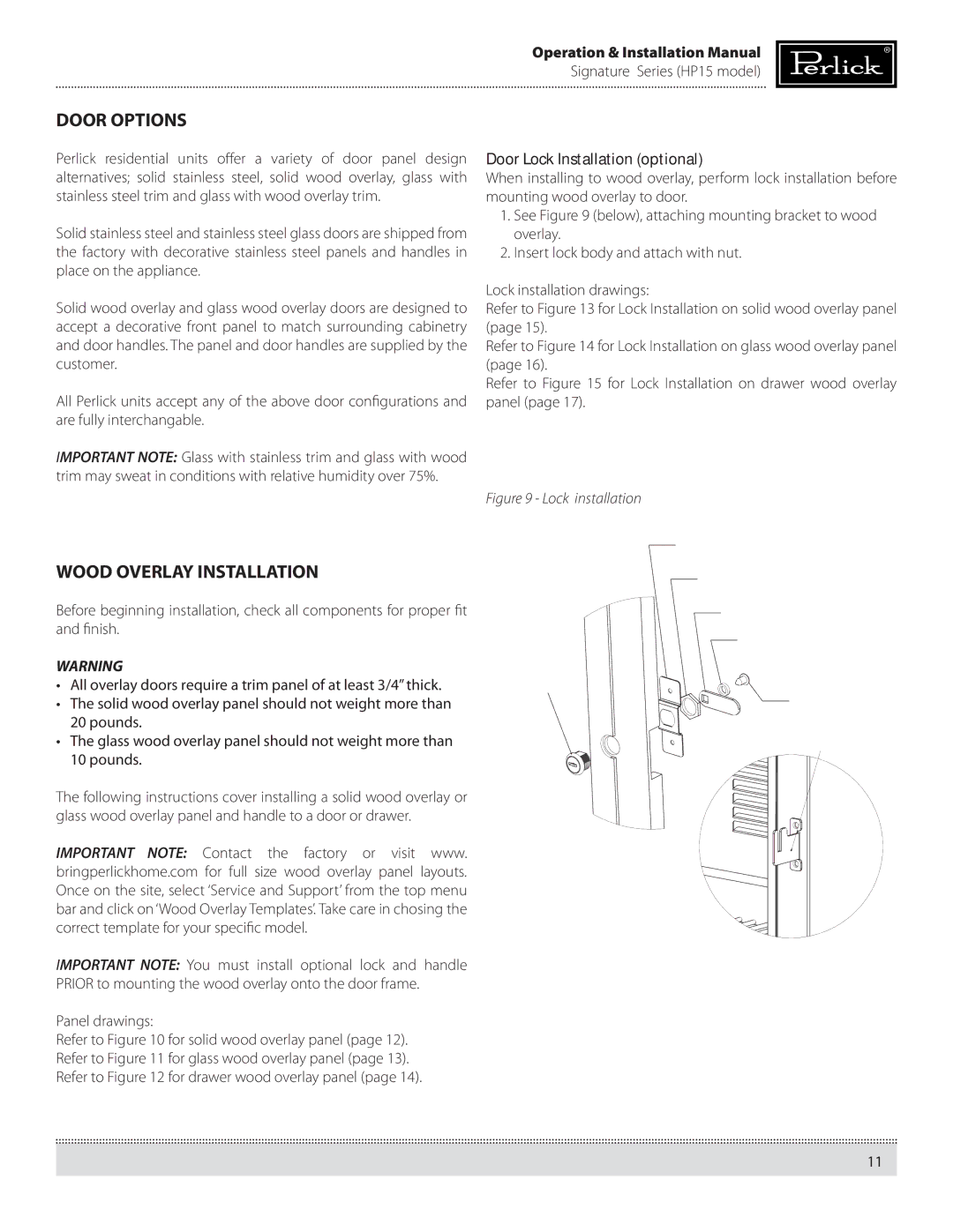 Perlick HP15BS, HP15RS manual Door Options, Wood Overlay Installation, Door Lock Installation optional 