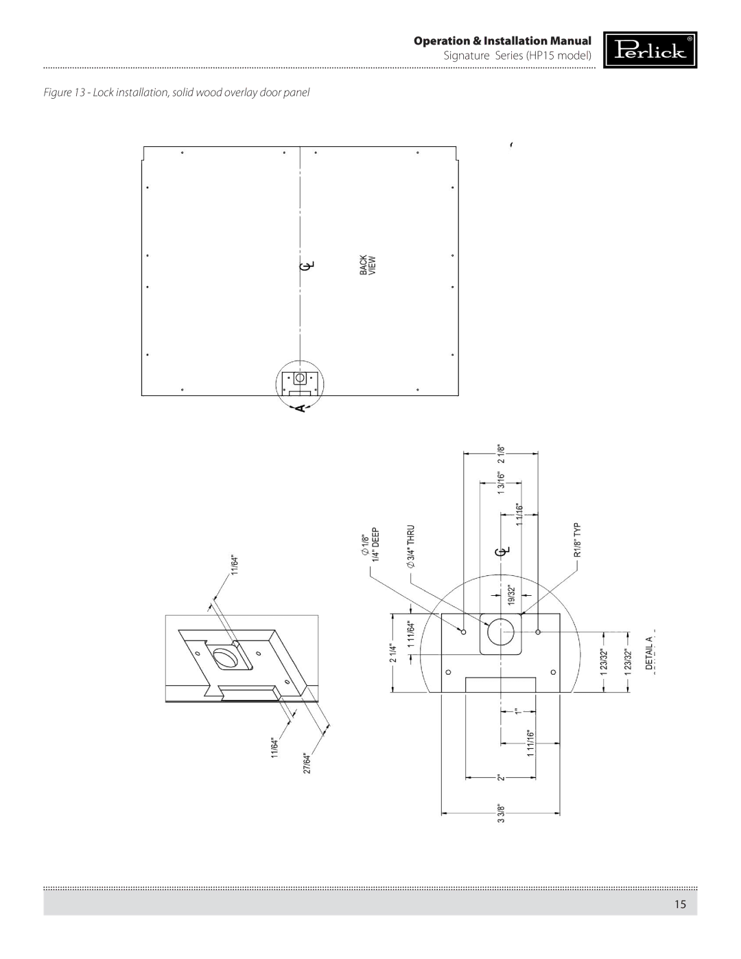 Perlick HP15BS, HP15RS manual Lock installation, solid wood overlay door panel 