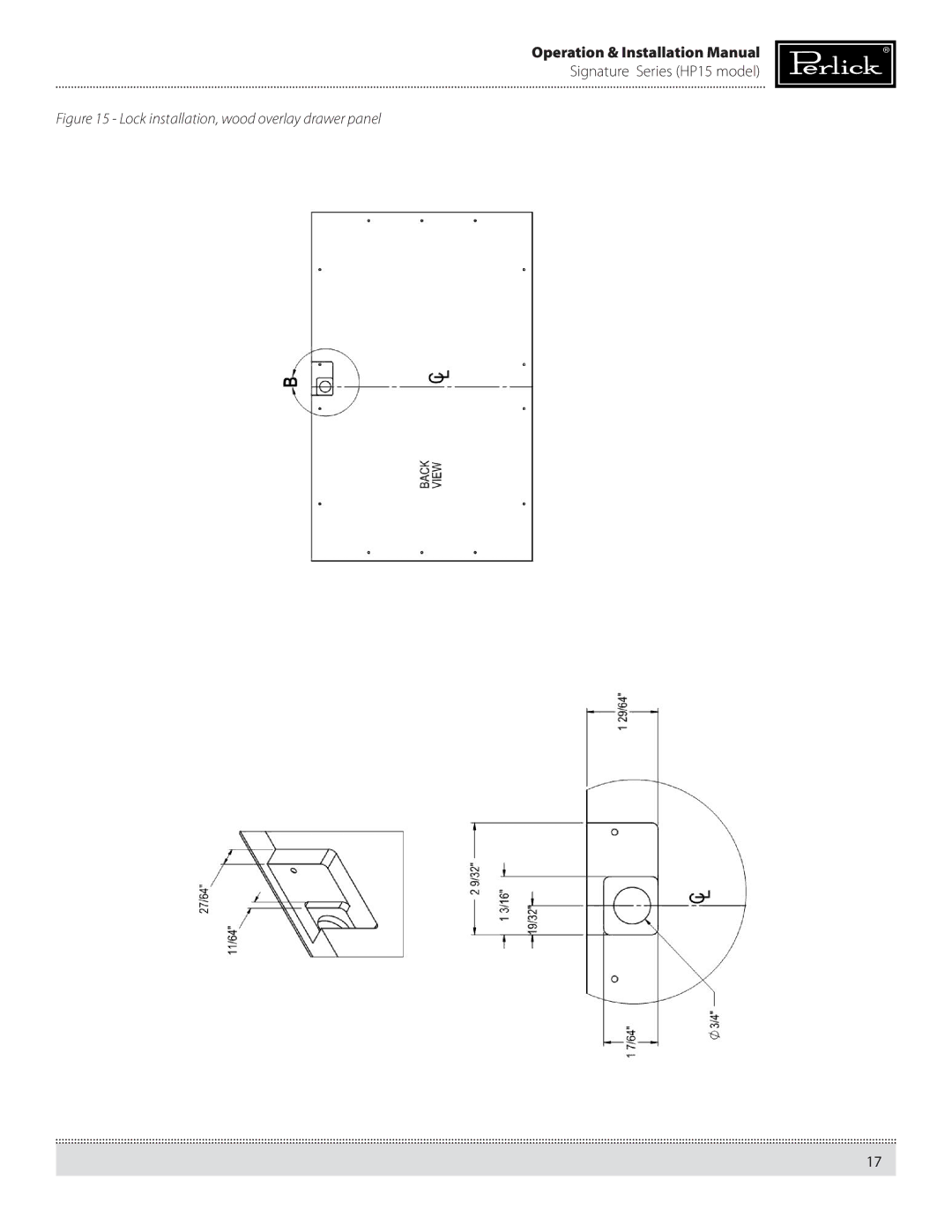 Perlick HP15BS, HP15RS manual Lock installation, wood overlay drawer panel 