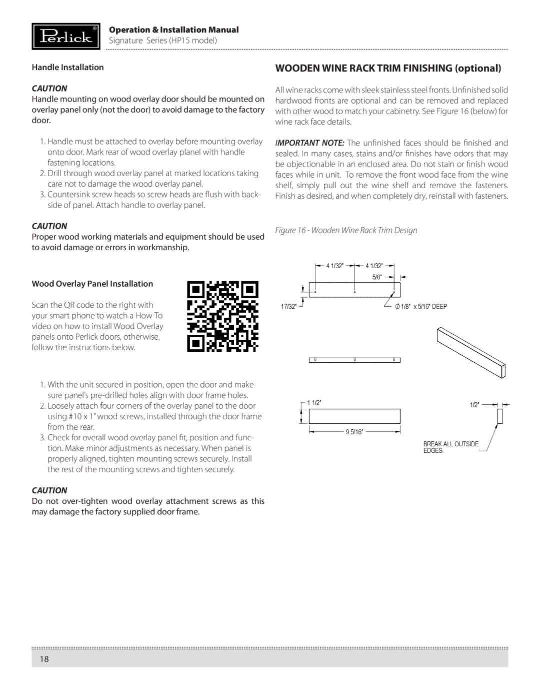 Perlick HP15RS, HP15BS manual Handle Installation, Wood Overlay Panel Installation 