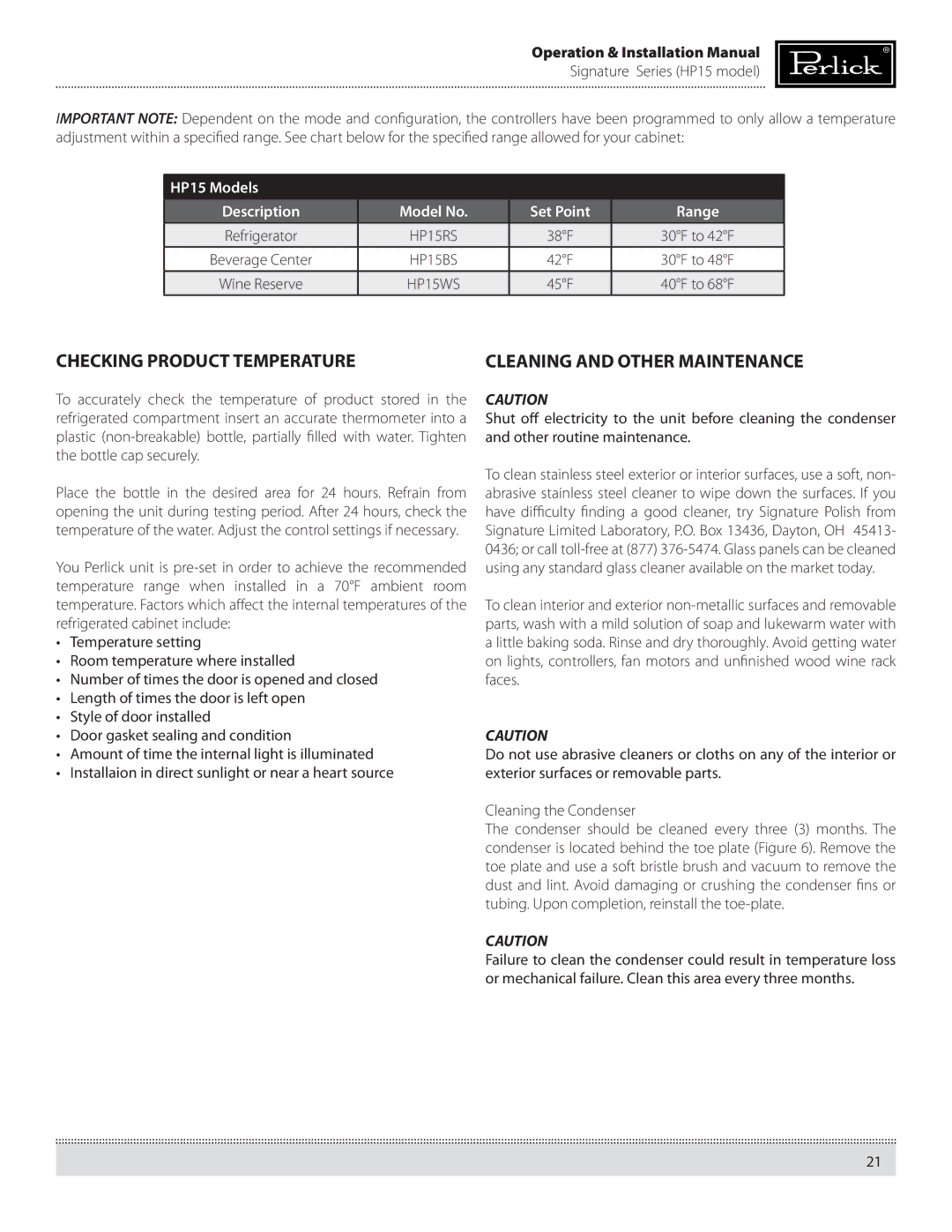 Perlick HP15BS, HP15RS manual Checking Product Temperature, Model No 
