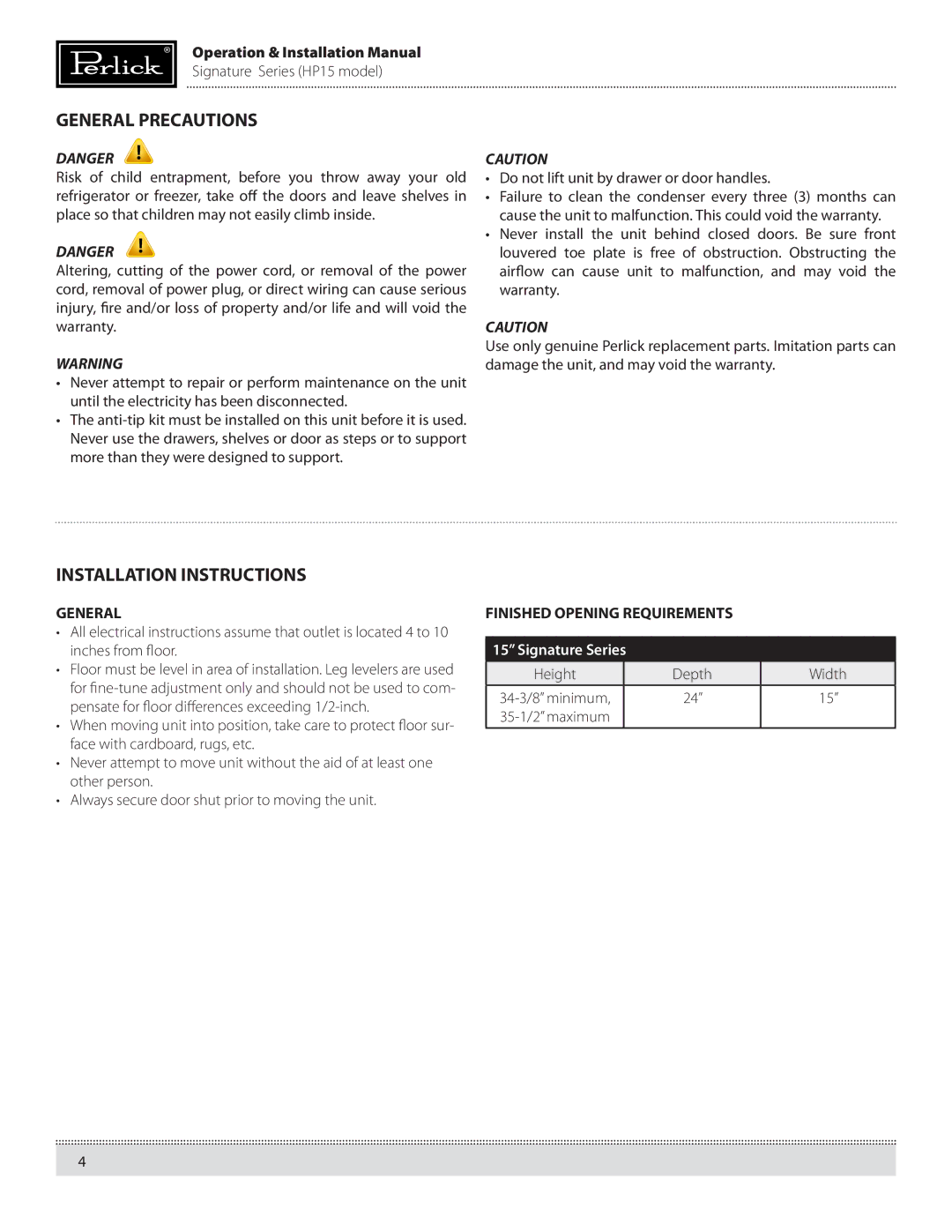 Perlick HP15RS General Precautions, Installation Instructions, Operation & Installation Manual Signature Series HP15 model 