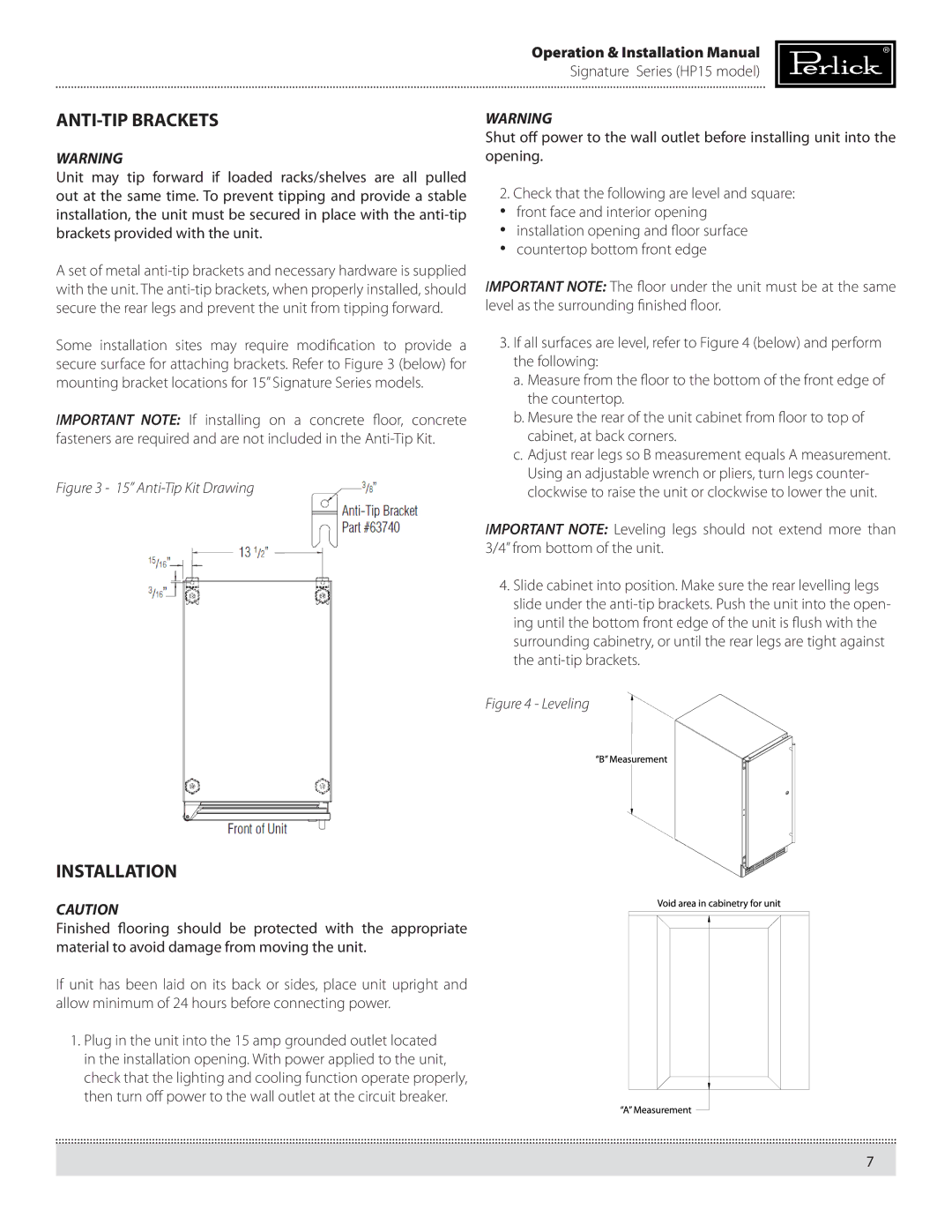 Perlick HP15BS, HP15RS manual ANTI-TIP Brackets, Installation 