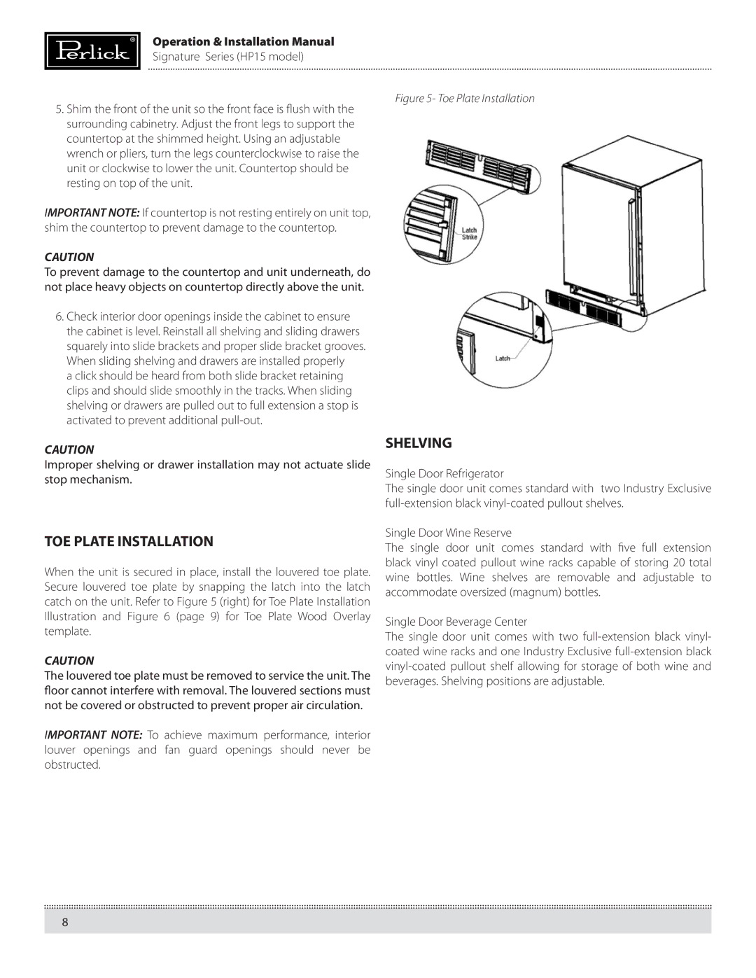 Perlick HP15RS, HP15BS manual Shelving, TOE Plate Installation 