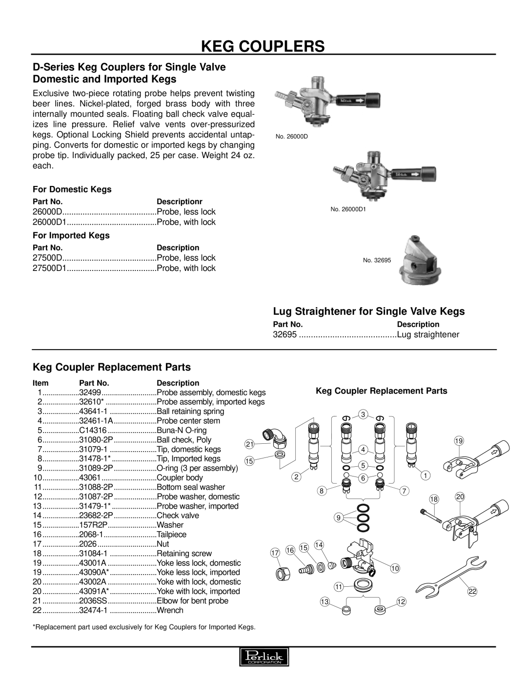 Perlick Keg Couplers Tapping Equipment manual Probe center stem, Buna-N O-ring, Ball check, Poly, Tip, domestic kegs, Nut 