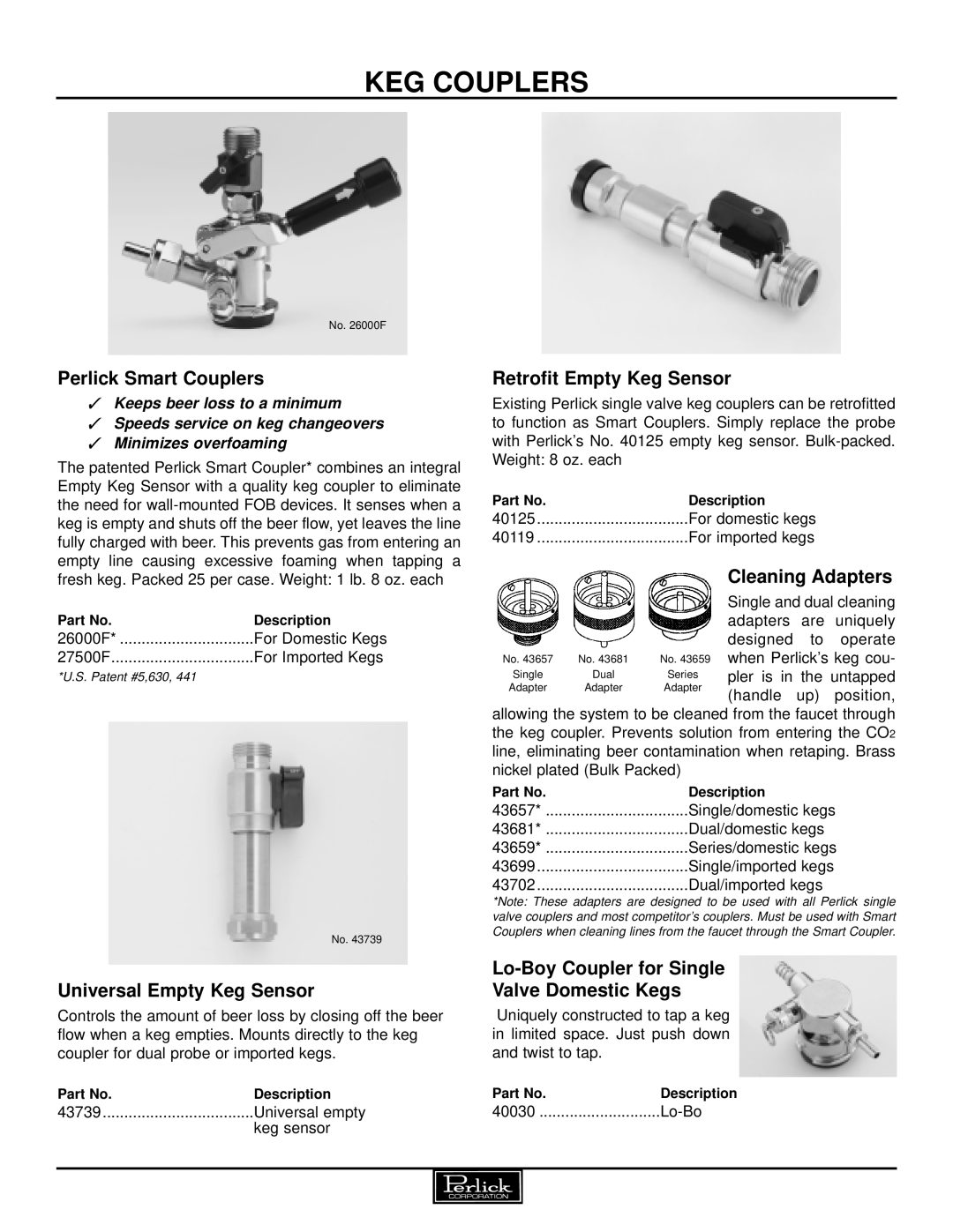 Perlick Keg Couplers Tapping Equipment manual Perlick Smart Couplers, Retrofit Empty Keg Sensor, Cleaning Adapters 