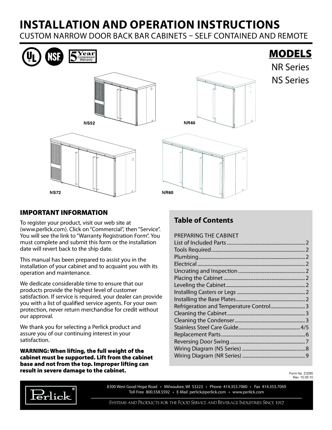 Perlick NR Series, NS Series warranty Installation and Operation Instructions, Table of Contents 