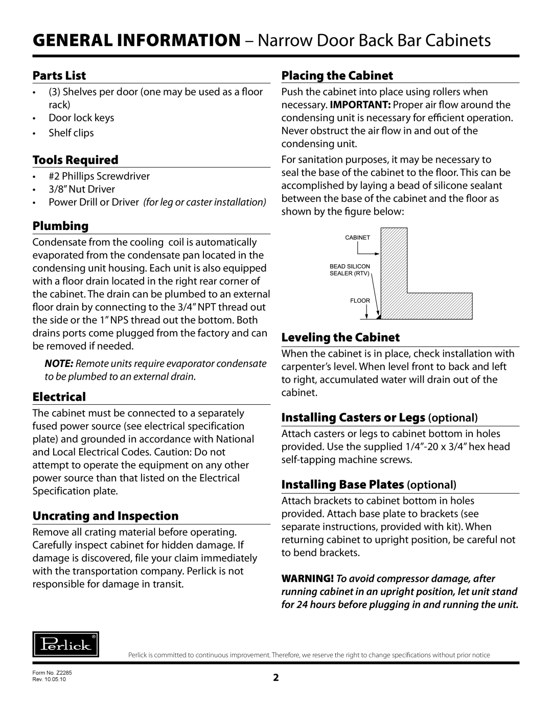 Perlick NS Series, NR Series warranty General Information Narrow Door Back Bar Cabinets 