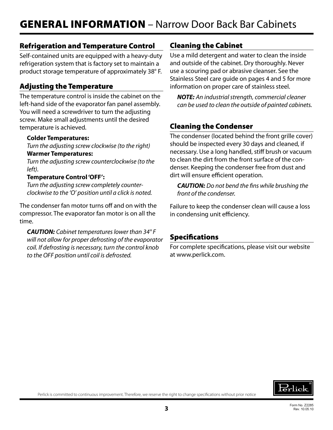 Perlick NR Series Refrigeration and Temperature Control, Adjusting the Temperature, Cleaning the Cabinet, Specifications 