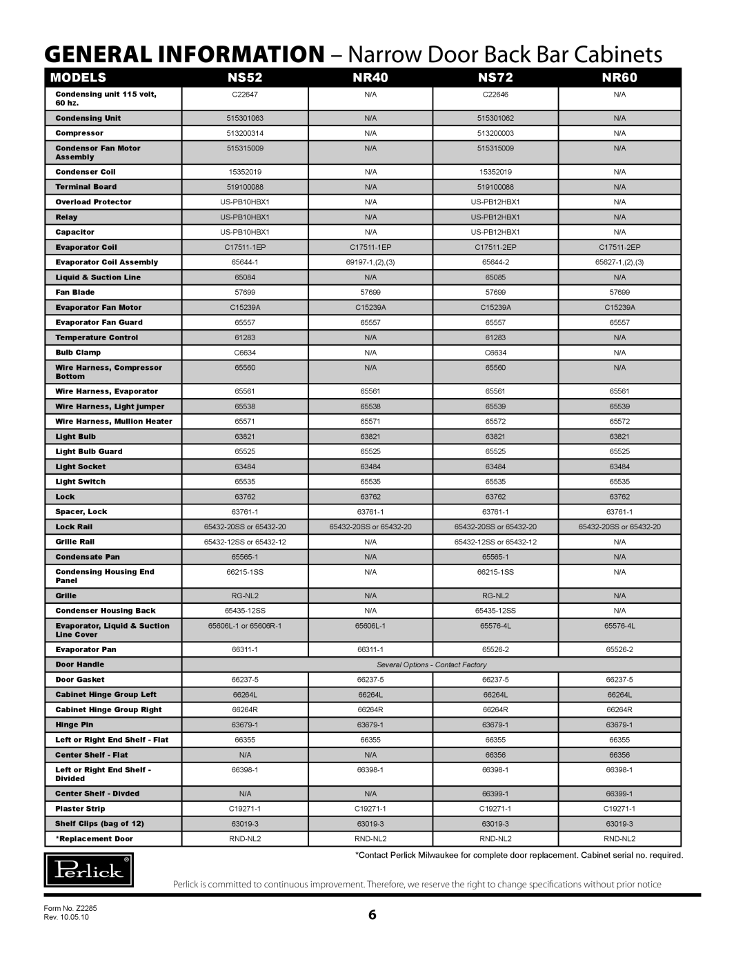 Perlick NS Series, NR Series warranty Models 