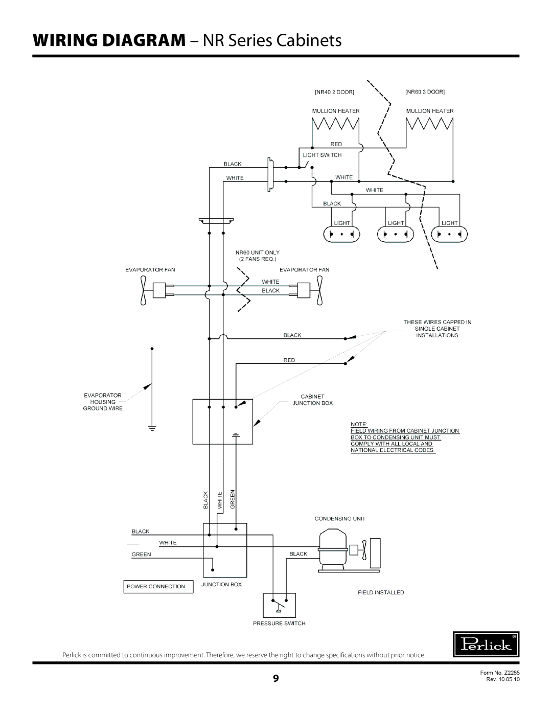 Perlick NS Series warranty Wiring DIAGRAm NR Series Cabinets 