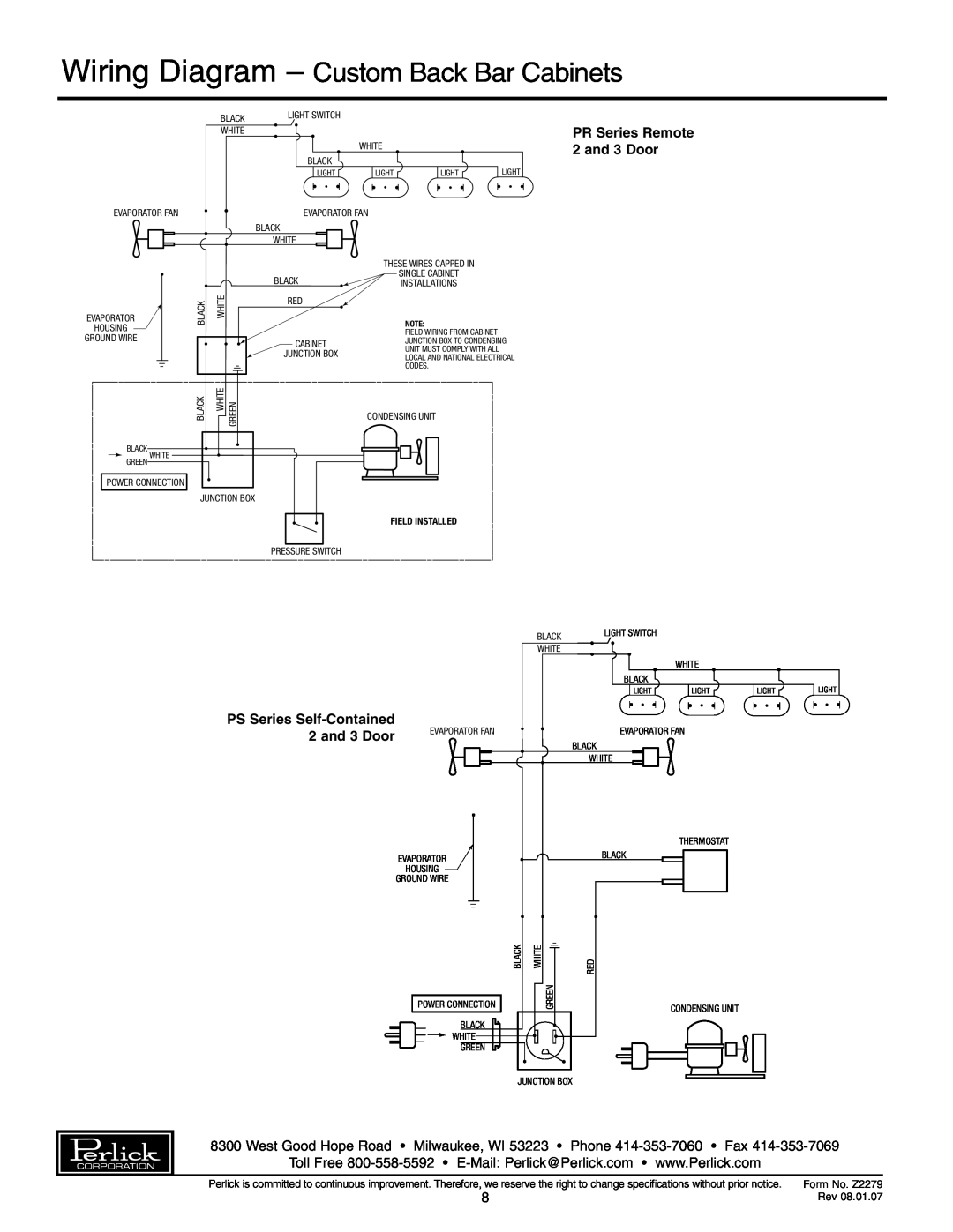 Perlick PS84, PR48, PS60 Wiring Diagram - Custom Back Bar Cabinets, PR Series Remote 2 and 3 Door, PS Series Self-Contained 