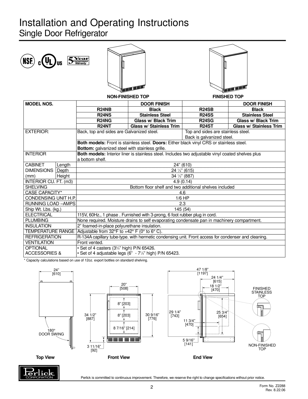 Perlick R24N, R24S specifications Installation and Operating Instructions, Single Door Refrigerator 