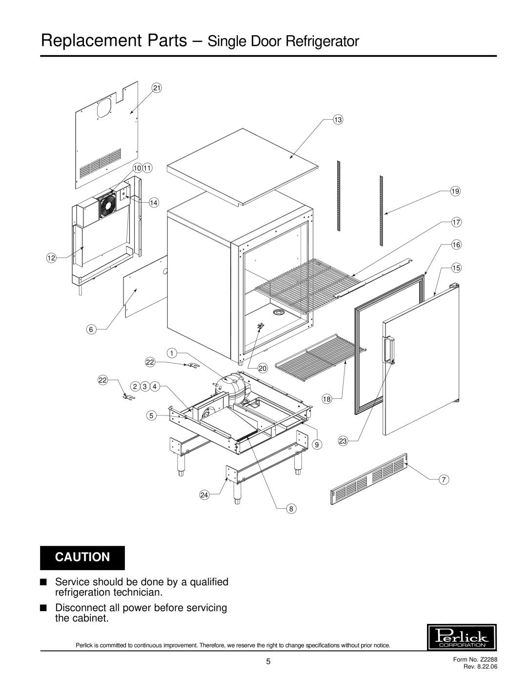 Perlick R24S, R24N specifications Replacement Parts Single Door Refrigerator 