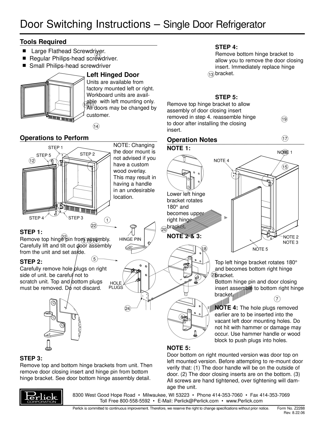 Perlick R24N, R24S specifications Door Switching Instructions Single Door Refrigerator, Step 